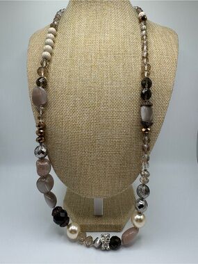 Hand Crafted Neutral Beaded Statement Necklace in Taupe, Pearl & Smoky Brown